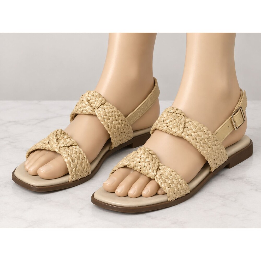 Old Navy Woven Raffia Sandals Womens 7 Tan Braided Flats Vacation Beachy Cruise